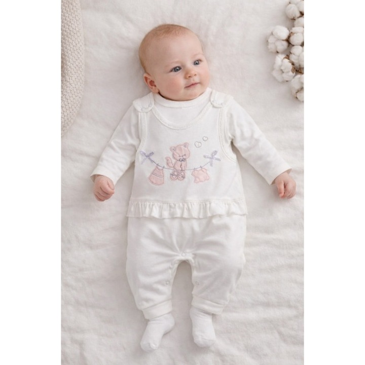 Salopeta bebe alba bumbac bluza cu maneca lunga broderie delicata si sosete, 3-6 luni, Alb, Fete