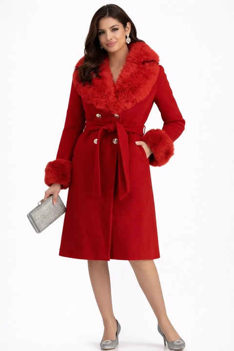Palton dama, din stofa cambrat, cu guler din blana ecologica detasabil, Rosu