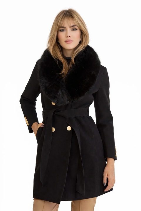 Palton dama din lana, croi cambrat, cu guler detasabil din blana ecologica Crem, Negru