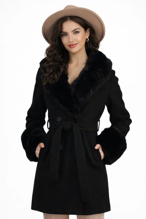 Black fabric coat with ecological fur on the collar and cuffs, Negru, S