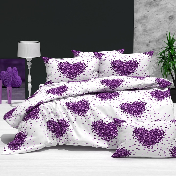Ranforce pamut ágynemű 4 részes, lepedő 240x260 cm, paplan 200x220 cm, 2 párnahuzat 50x70 cm, fehér / lila, Pucioasa RNFN270