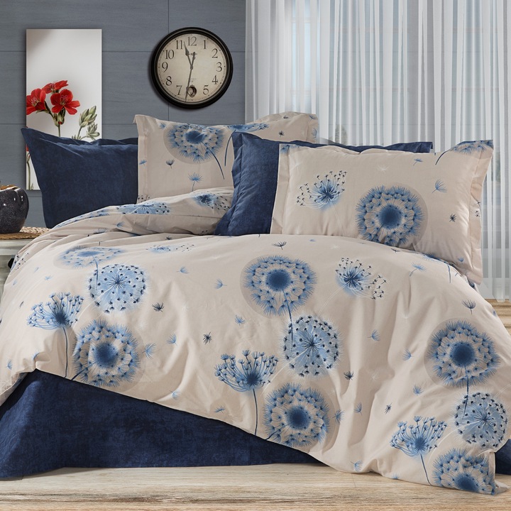 Ranforce pamut ágynemű 4 részes, lepedő 240x260 cm, paplan 200x220 cm, 2 párnahuzat 50x70 cm, Bézs Cappuccino / Kék, Pucioasa