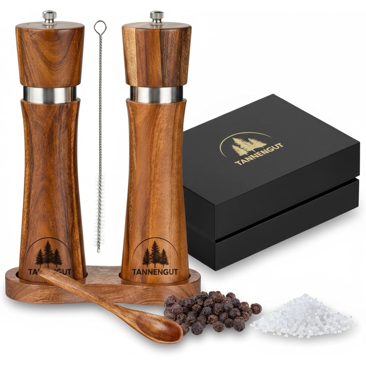 Set 5 Rasnite Sare si Piper din Lemn Acacia cu Accesorii