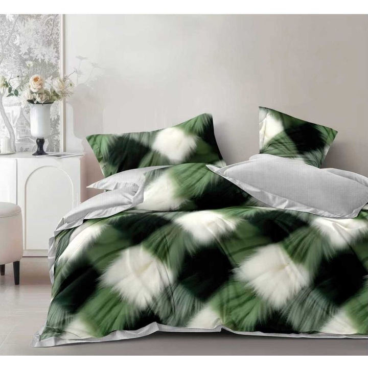Finet dupla ágynemű 6 részes zöld/szürke, matrachuzat 160x200cm vagy 180x200cm, paplan 200x230cm, 2 párnahuzat 50x70cm és 70x70cm, Ralex Pucioasa