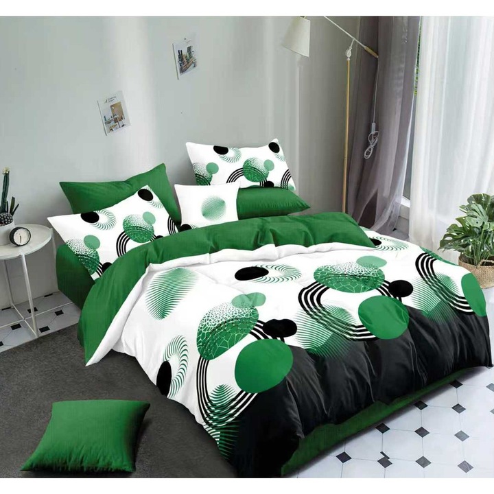 Dupla ágynemű szett Finet pamut 6 részes Fehér/Zöld, 160x200cm vagy 180x200cm, paplan 200x230cm, 2 párnahuzat 50x70cm és 70x70cm, Ralex Pucioasa