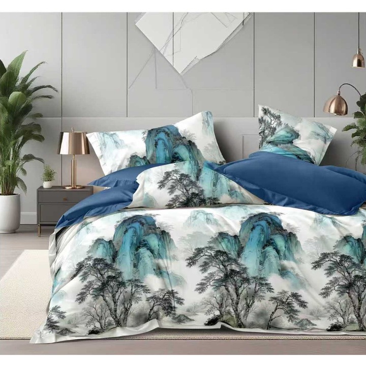 Finet kétszemélyes ágyneműgarnitúra 6 részes türkiz/kék, matrachuzat 160x200/180x200 cm, paplan 200x230 cm, 2 párnahuzat 50x70 cm és 70x70 cm