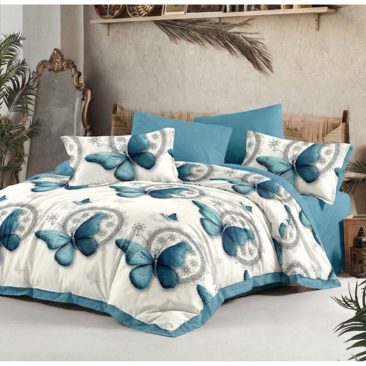 Finet pamut dupla ágynemű garnitúra, 6 részes, türkiz, 160x200/180x200 cm