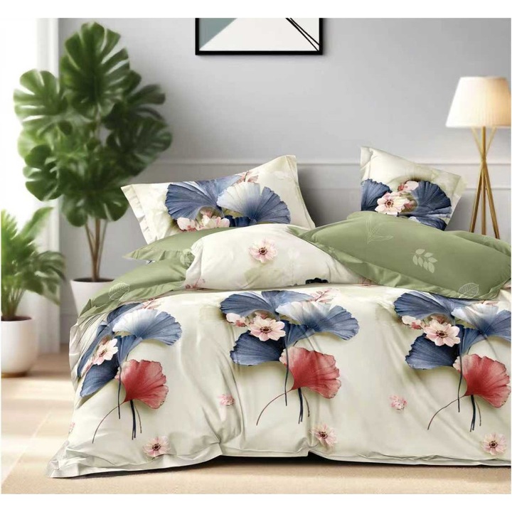 Finet pamut dupla ágynemű garnitúra, 6 részes, zöld/kék, 160x200 cm vagy 180x200 cm, paplan 200x230 cm