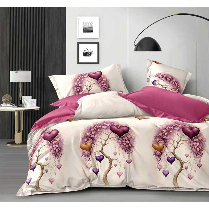 Finet pamut dupla ágynemű garnitúra, 6 részes, krém / lila, 160x200 cm vagy 180x200 cm