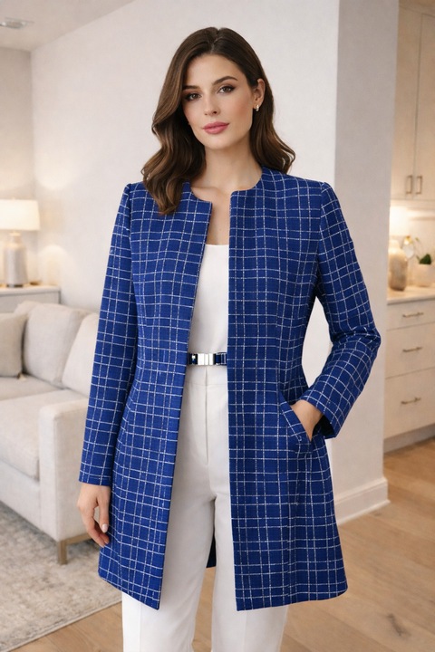 Palton scurt pentru femei, Dorota, albastru, carouri fine, marimea 50 EU