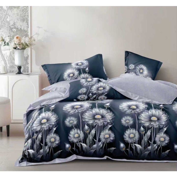 Finet pamut dupla ágynemű garnitúra, 6 részes, kék/világosszürke, matracvédő 160x200/180x200 cm, paplan 200x230 cm