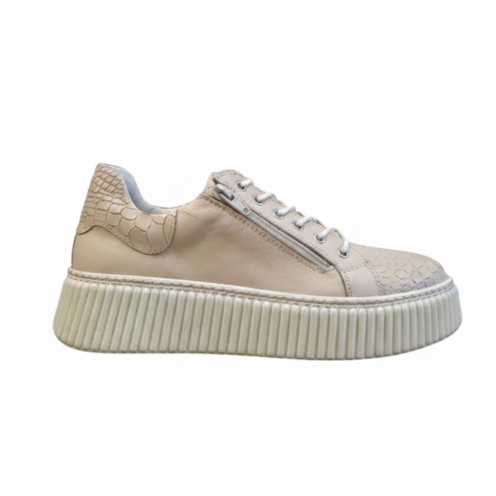 Sneakers dama, SandAli, piele naturala cu textura snake, talpa cusuta si fermoare laterale, bej nude