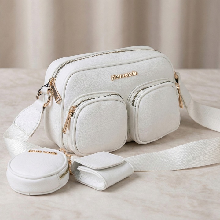 Geanta de Umar Pierre Cardin din Piele Ecologica, Pouch si Earbuds Case detasabile, Curea Personalizata, Culoare Alb