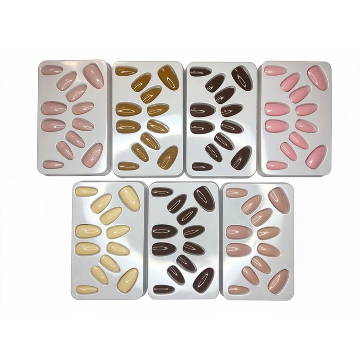 7 seturi x Unghii False cu Adeziv Preaplicat, 12 Buc/Set, Culori Diferite, Aplicare Rapida