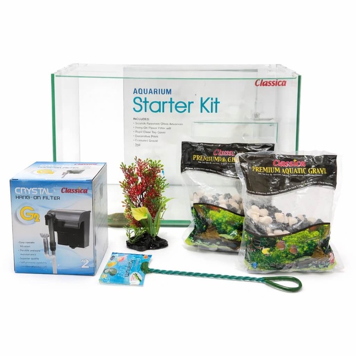Kit acvariu complet Classica Starter 21L, acvariu 21 litri complet echipat pentru pesti, cu filtru cascada, capac sticla, pietris si accesorii, ideal kit acvariu incepatori