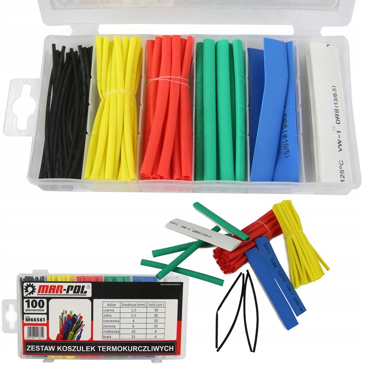 Set 100 bucati tuburi termocontractabile colorate, 1,5mm negru, 2,5mm galben, 4mm rosu, 6mm verde, 10mm albastru, 13mm alb