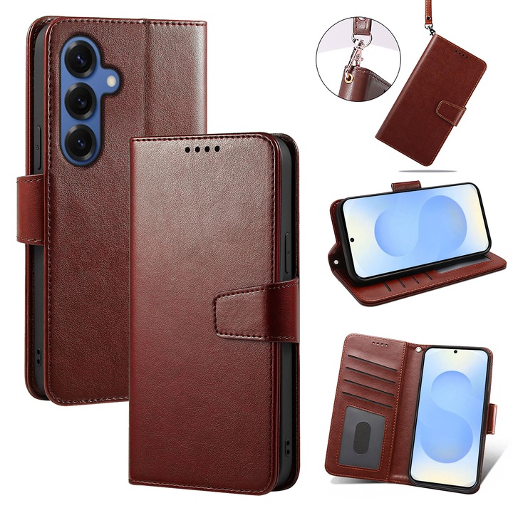 Husa pentru Samsung Galaxy S26, Omelivon, piele fina, Diary Book, tip carte, cu Portofel Interior, stand, Inchidere Magnetica, Antisoc, Maro