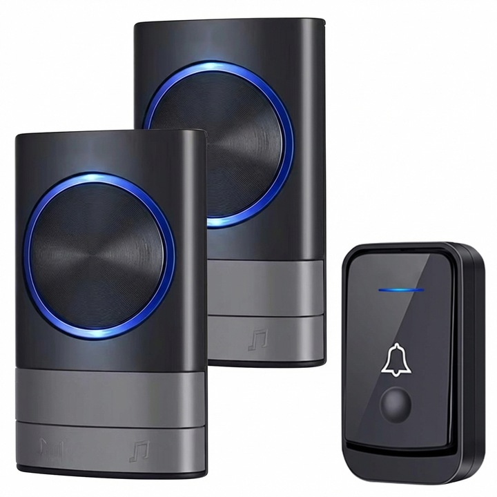 XPQKDC® Sonerie Wireless Inteligenta pentru Usa, Raza Lunga 400 m, IP44 Rezistenta la Apa, Plug & Play, 52 Tonuri de Apel, 4 Niveluri de Volum, Indicator LED Intermitent, Instalare Fara Fir, Negru