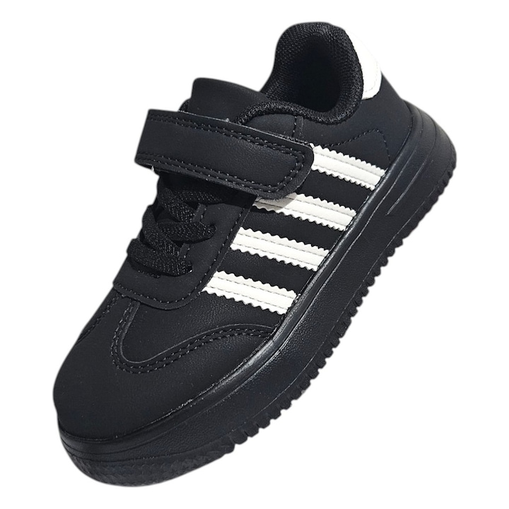 Pantofi sport pentru copii, Piele ecologica, Talpa foarte usoara, Inchidere cu Arici si siret elastic, Negru, 35