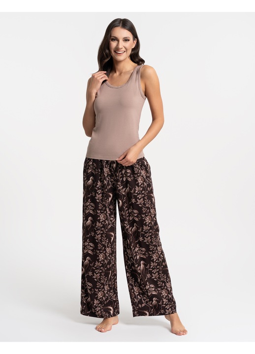 Pijamale dama, Moraj, set elegant, top pe bretele, pantaloni lungi, culoare maro, bumbac si viscoza