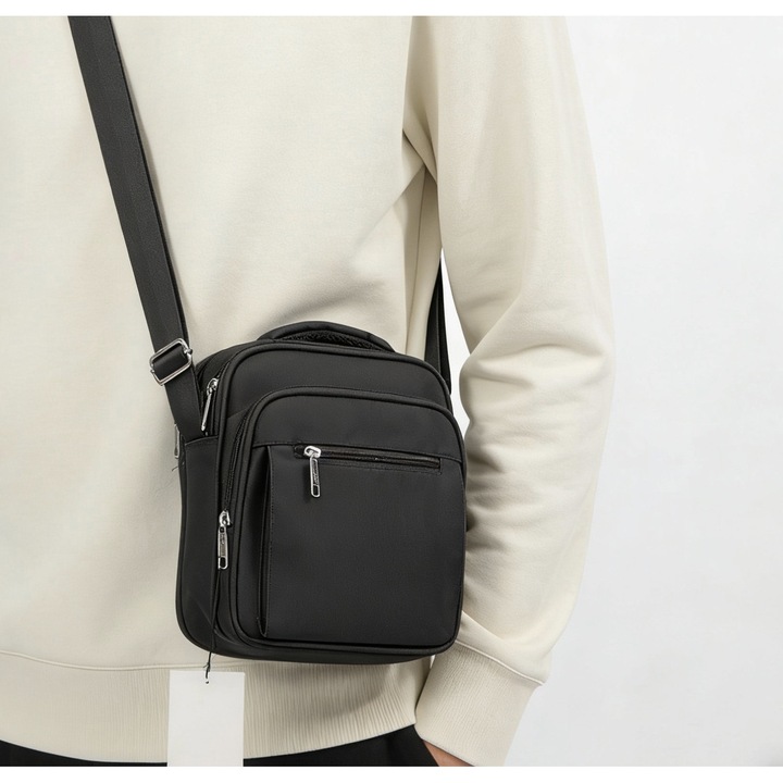 Geanta crossbody usoara, simpla, cu compartimente multiple, neagra, model cubic