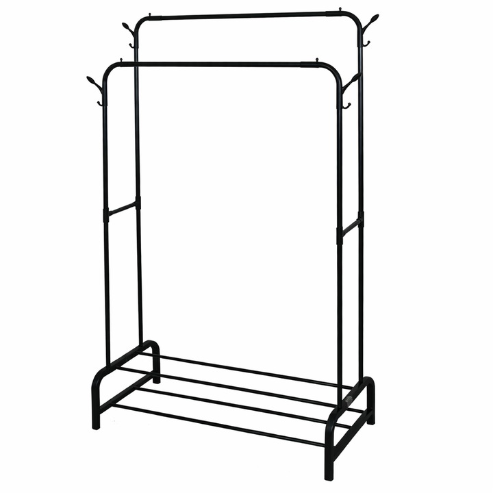Suport haine metalic cu rafturi pentru incaltaminte, 2 bare, 4 carlige laterale, 160 x 97 x 44 cm, negru