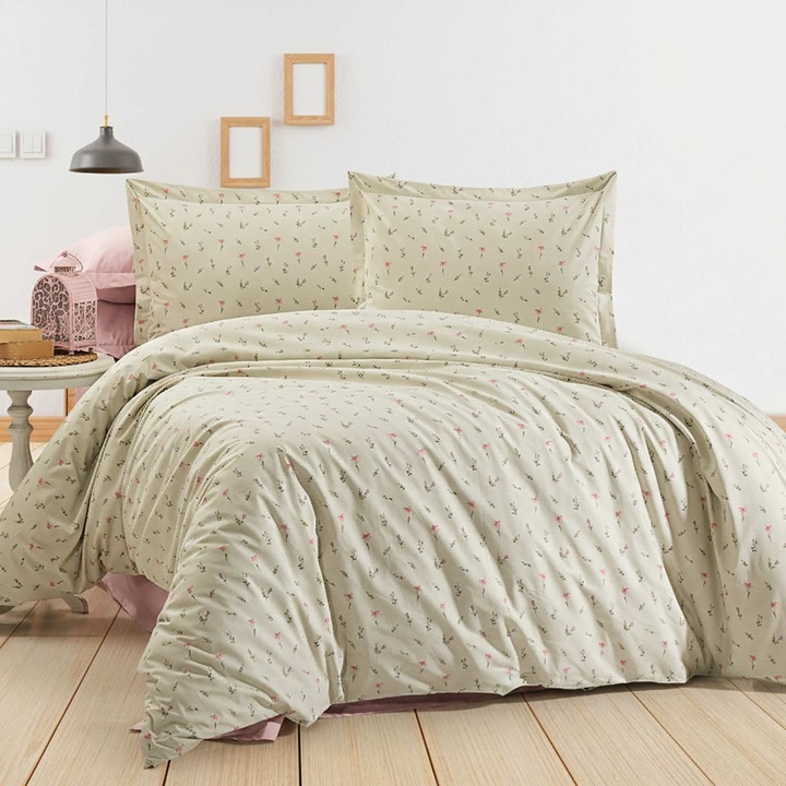 Ranforce Cotton Pro 100% pamut ágynemű, King Size huzattal, 4 részes, krém/rózsaszín virágos, RCP18 Ralex Pucioasa