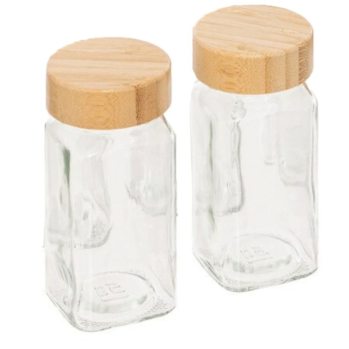Set 2 recipiente din sticla Pufo Ellegant Bamboo pentru sare, piper sau condimente, 11 cm