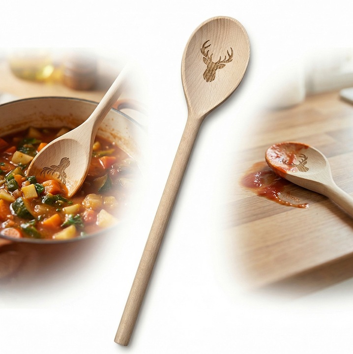 Lingura de lemn de fag gravata, 30 cm, design suedez, motiv cerb