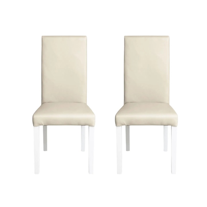 Set 2 scaune living Expomob TEO, dimensiune 46x60x98 cm, culoare picioare lemn alb + piele ecologica crem