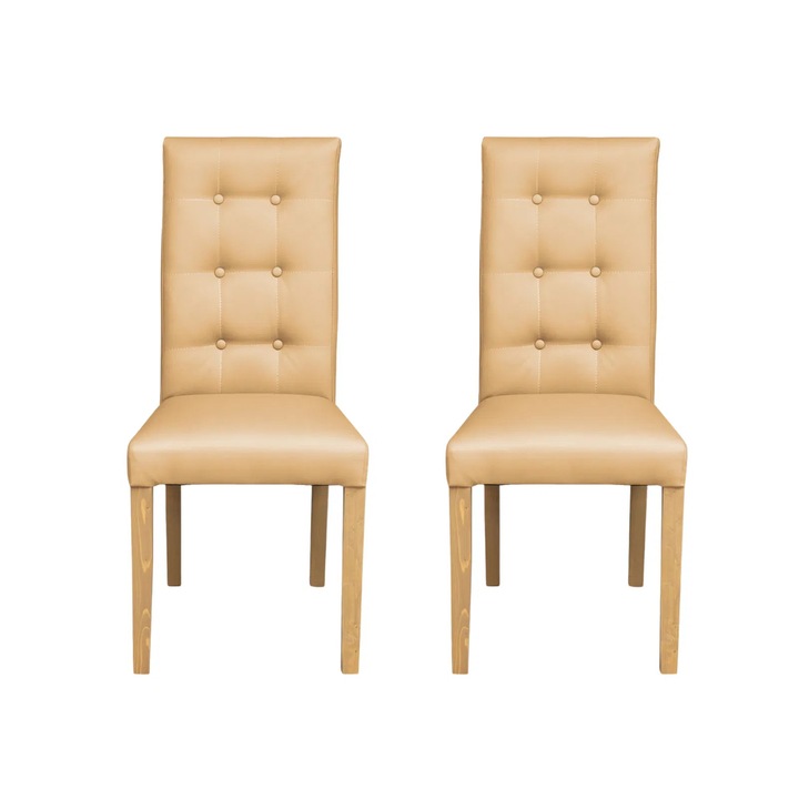 Set 2 scaune living Expomob TEO LUX, dimensiune 46x60x98 cm, culoare picioare lemn natur + piele ecologica bej