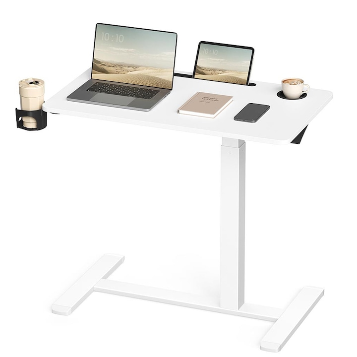 Masa ajustabila cu roti, VASAGLE, 80x45cm, inaltime reglabila, alb