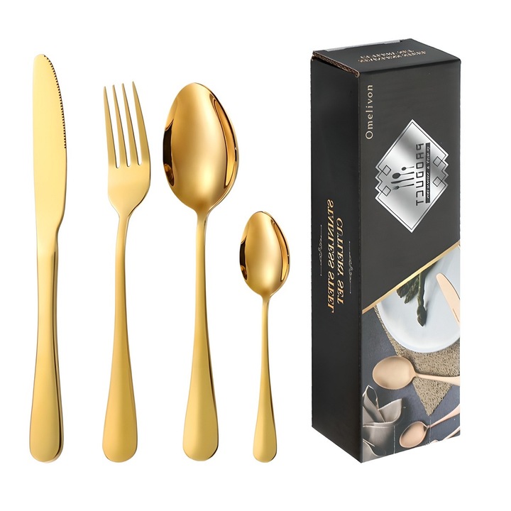 Set tacamuri auriu 24 piese – 6 cutite, 6 furculite, 6 linguri masa, 6 lingurite desert, Otel inoxidabil 18/10, Pentru 6 persoane, Cutie cadou eleganta, Cadou ideal pentru nunta, Craciun sau casa noua