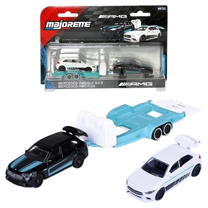 Set Majorette Mercedes Amg Cu Remorca, Majorette, Glc + A35, Scala 1 64, Material Metal Die Cast + Plastic, Remorca Dubla Axa, Detasabila, Roti Mobile Free Rolling, 19 x 7.5 cm, Multicolor, 2 Masini