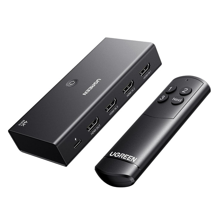 Switch HDMI 3 intrări la 1 ieșire, Ugreen, 4K 60Hz, telecomandă inclusă, negru