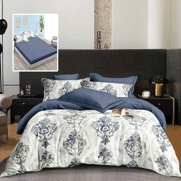 Finet pamut dupla ágynemű 6 részes, kék/szürke, 160x200 vagy 180x200 cm