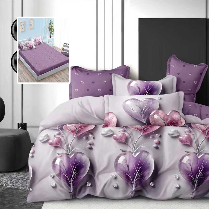 Finet pamut dupla ágyneműgarnitúra 6 részes, matrachuzat 160x200 cm vagy 180x200 cm, paplan 200x230 cm, Lila/Szürke