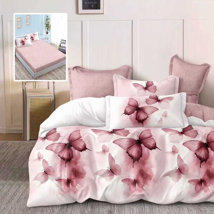 Finet pamut dupla ágynemű garnitúra, 6 részes, fehér/rózsaszín, 160x200/180x200 cm, Pucioasa