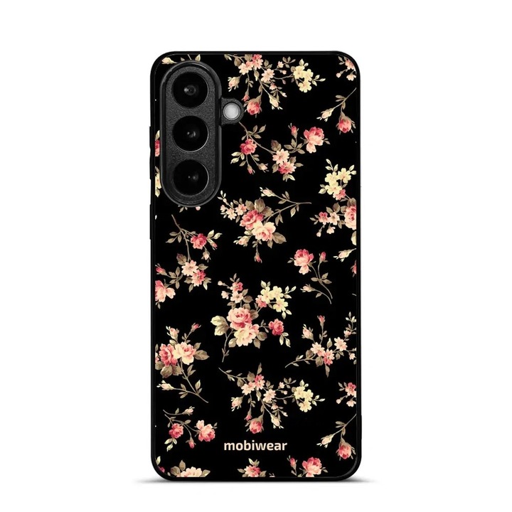 Husa telefon Mobiwear Glossy pentru Samsung Galaxy S26 Plus, design flori, neagra, rezistenta la socuri si zgarieturi