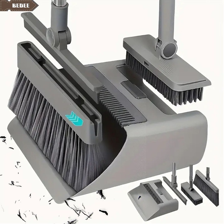 Set matura cu faras, Bedee, 4 in 1, gri, maner ajustabil, 180° rotativ, Include matura, faras, perie si racleta, compact si compact, pentru depozitare usoara, gri