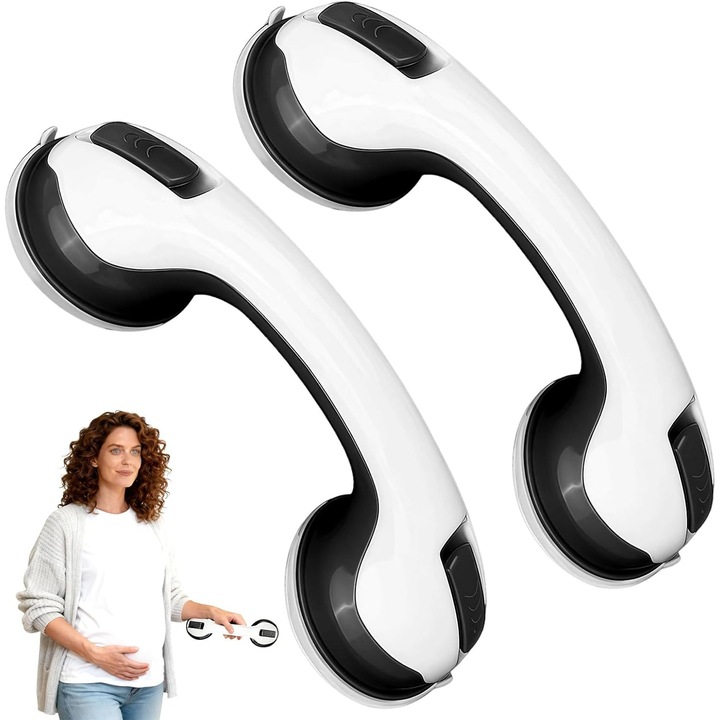Maner de Siguranta cu Ventuze Pentru Baie si Casa, Bedee, capacitate de incarcare 100 kg, neagra, fara gaurire si suruburi, pentru seniori, copii si bai fara bariere, Alb/Negru