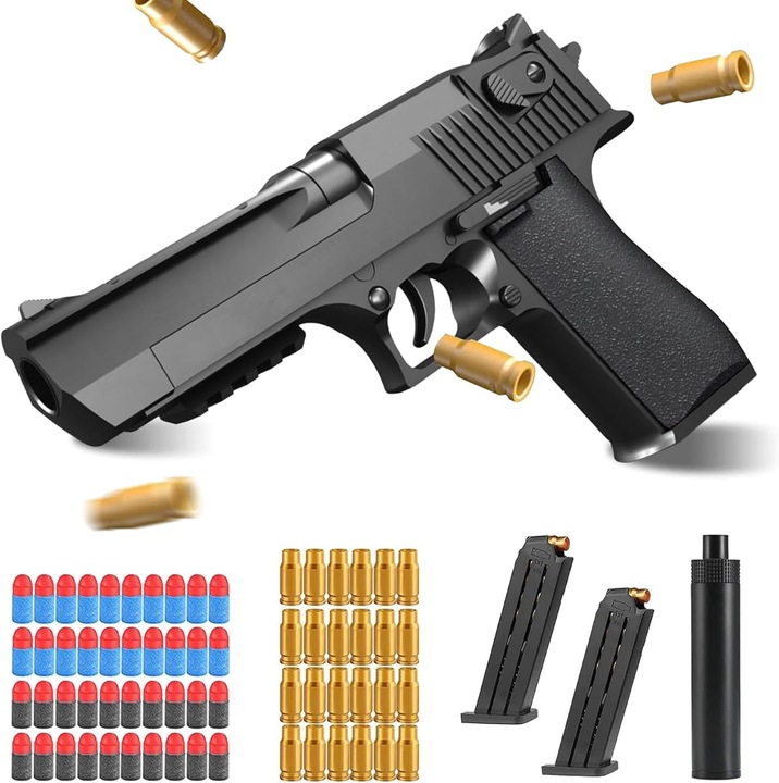 Pistol de jucarie cu gloante moi, Bedee, Incarcare manuala, 2 incarcatoare, 40 bile din spuma, 24 carcase,1:1, Siguranta, Negru