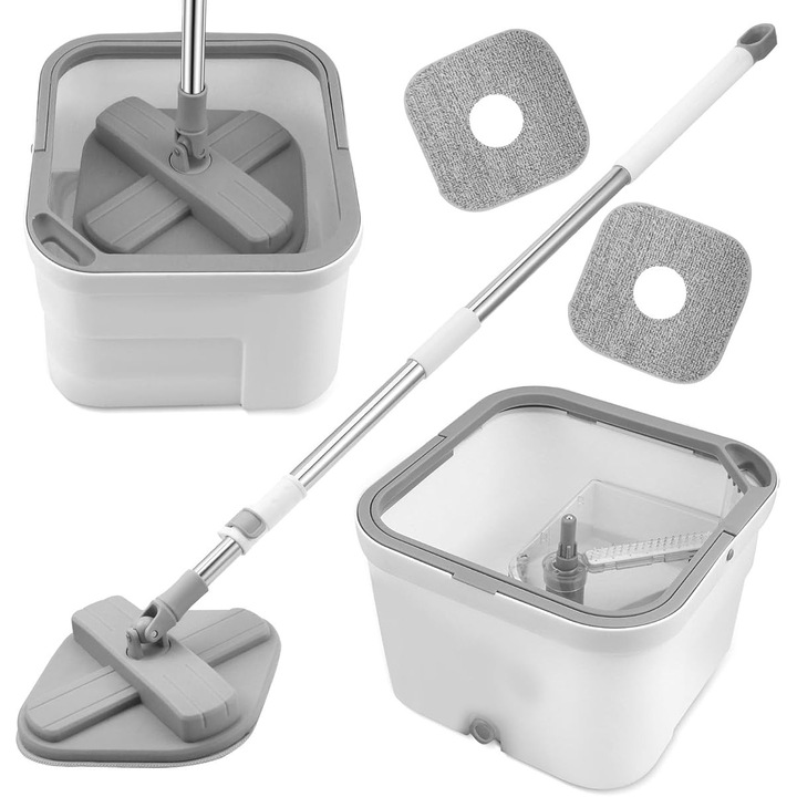 Set Mop Rotativ cu Galeata, Bedee, Sistem cu 2 camere cu 2 huse din microfibra pentru separare, galeata de curatare, mop de podea cu functie de stoarcere pentru curatarea geamurilor si a podelelor, Gri/Alb
