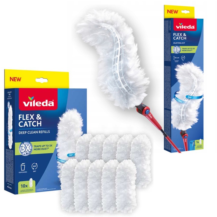 Vileda Flex&Catch faras, cu maner lung, protectie antiderapanta, cap flexibil + 10 rezerve pentru faras