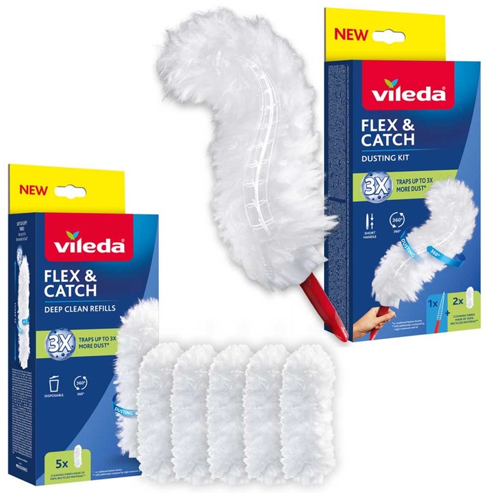 Vileda Flex&Catch faras, cu maner scurt, protectie antiderapanta, cap flexibil + 5 rezerve