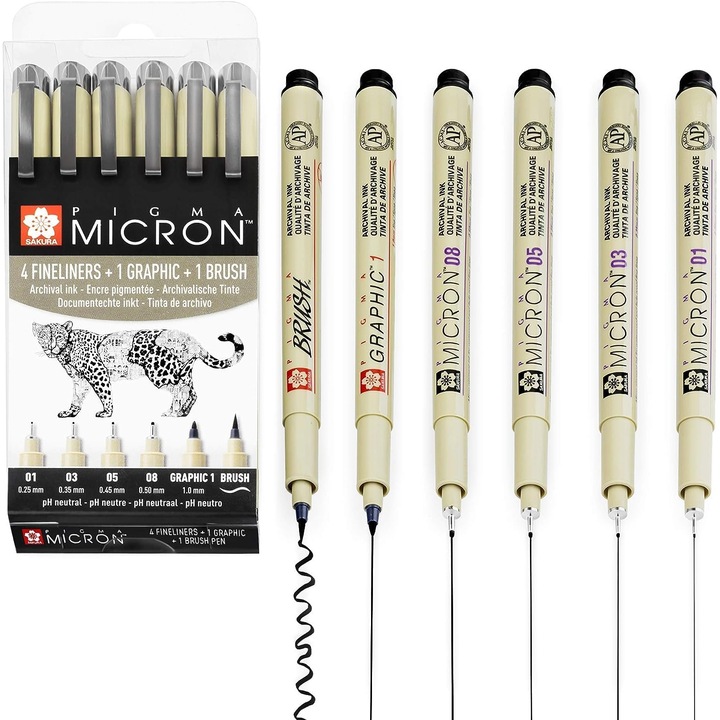 Set 6 Pixuri Sakura Pigma Micron Fineliner, Negru, Diverse Grosimi
