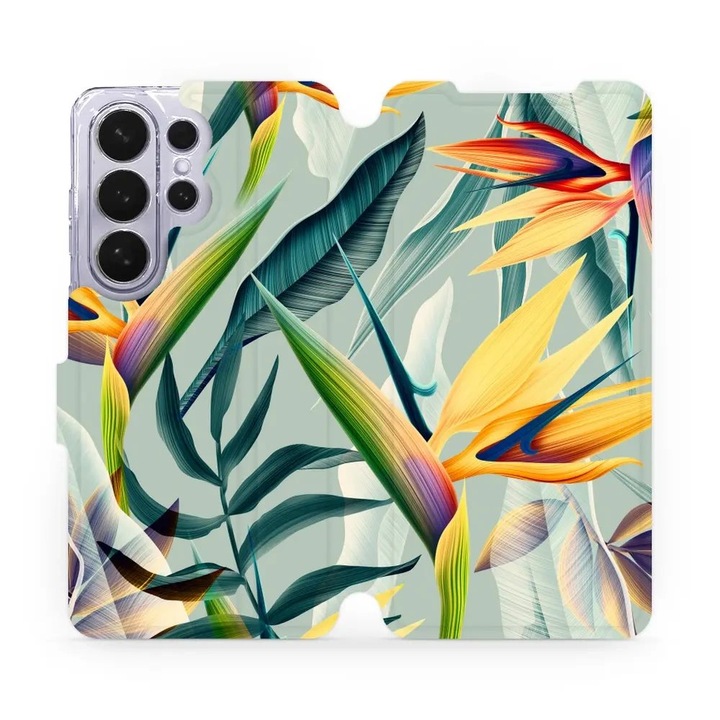 Husa flip Mobiwear pentru Samsung Galaxy S26 Ultra, flori galbene mari si frunze verzi, suport, multicolor