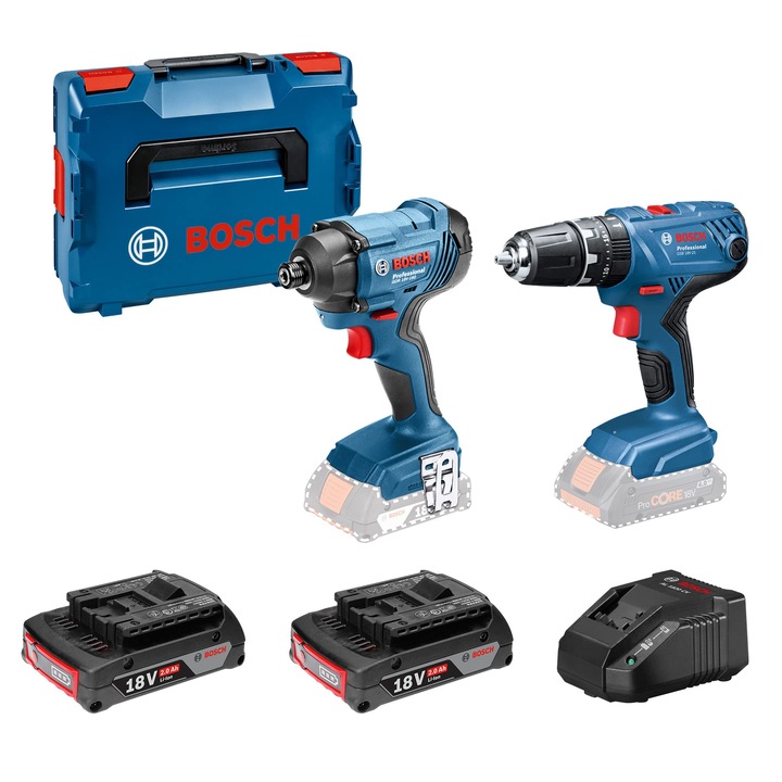 Set Bosch GSB 18V-21 + GDR 18V-160, 2 baterii litiu-ion, albastru, 1.5x36x44.1cm