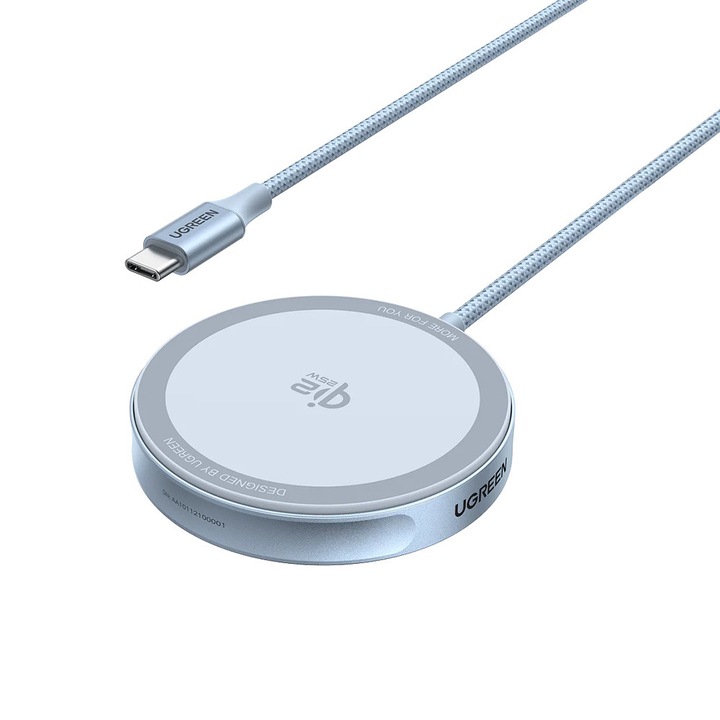 Incarcator wireless magnetic MagSafe Qi2, incarcare rapida 25W, cablu 1.5m, Ugreen, albastru