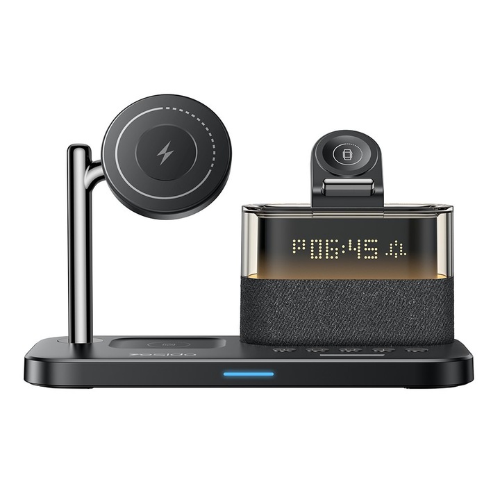 Statie de incarcare wireless 3 in 1 Yesido DS38 pentru iPhone, Apple Watch, Earbuds, MagSafe, Incarcare rapida, Afisaj digital, Lumina de veghe, USB-C, 25W, Negru